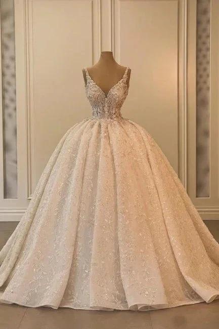Extravagant Long A-line V-neck Sleeveless Princess Glitter Wedding Dress with Lace by misshow.com