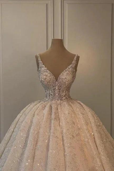 Extravagant Long A-line V-neck Sleeveless Princess Glitter Wedding Dress with Lace by misshow.com