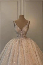 Extravagant Long A-line V-neck Sleeveless Princess Glitter Wedding Dress with Lace by misshow.com