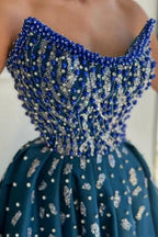 Extravagant Long Blue A-line Strapless Beading Prom Dress with Slit by misshow.com