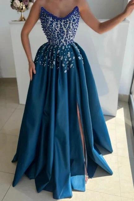 Extravagant Long Blue A-line Strapless Beading Prom Dress with Slit by misshow.com