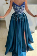 Extravagant Long Blue A-line Strapless Beading Prom Dress with Slit by misshow.com