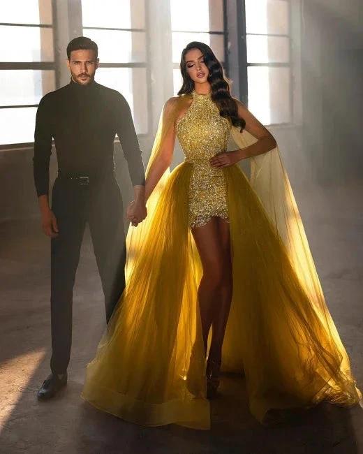 Extravagant Long Gold Sleeveless Prom Dresses With Detachable Train by misshow.com