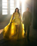 Extravagant Long Gold Sleeveless Prom Dresses With Detachable Train by misshow.com