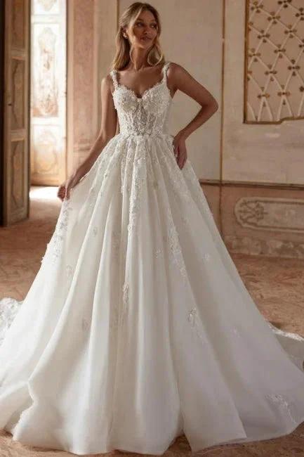 Extravagant Long Ivory A-line Princess Spaghetti Straps Lace Tulle Wedding Dress by misshow.com