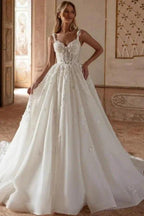 Extravagant Long Ivory A-line Princess Spaghetti Straps Lace Tulle Wedding Dress by misshow.com