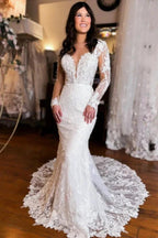 Extravagant Long Mermaid V-neck Backless Lace Wedding Dress with Long Sleeves by misshow.com