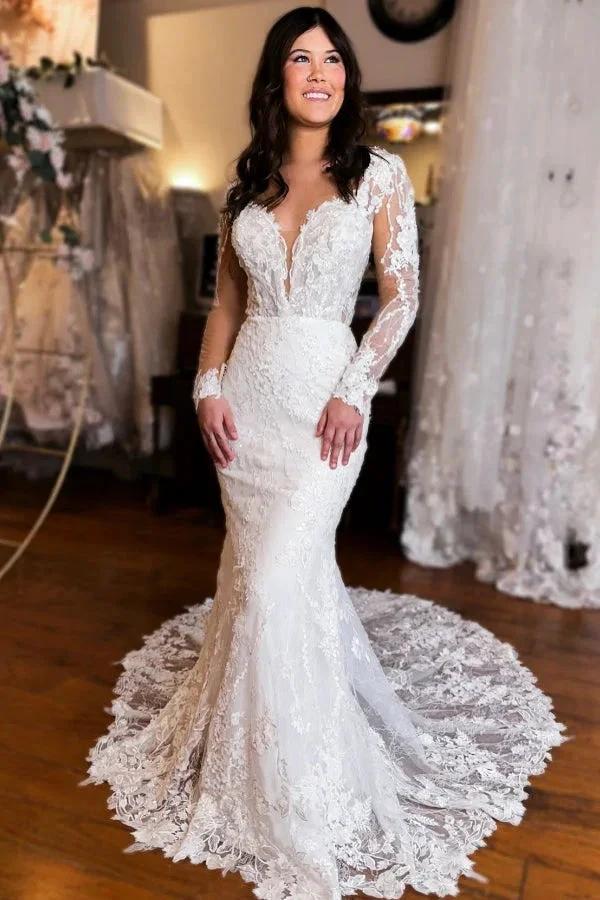 Extravagant Long Mermaid V-neck Backless Lace Wedding Dress with Long Sleeves by misshow.com