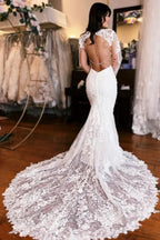 Extravagant Long Mermaid V-neck Backless Lace Wedding Dress with Long Sleeves by misshow.com