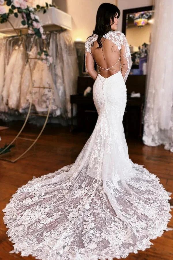 Extravagant Long Mermaid V-neck Backless Lace Wedding Dress with Long Sleeves by misshow.com