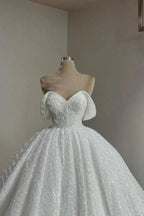 Extravagant Long White A-line Off-the-shoulder Lace Wedding Dress with Pearls by misshow.com