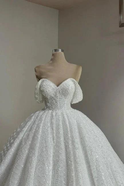 Extravagant Long White A-line Off-the-shoulder Lace Wedding Dress with Pearls by misshow.com