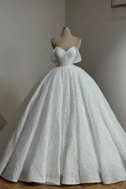Extravagant Long White A-line Off-the-shoulder Lace Wedding Dress with Pearls by misshow.com