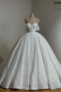 Extravagant Long White A-line Off-the-shoulder Lace Wedding Dress with Pearls by misshow.com