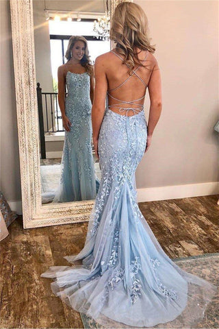Auffälliges langes Meerjungfrau-Ballkleid mit Spaghettiträgern und offenem Rücken aus Spitze