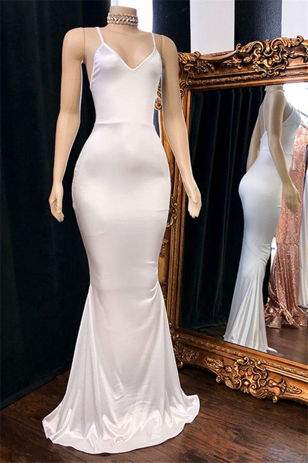 Eye-catching Long Mermaid Spaghetti Straps V-neck White Prom Dress Hover Image