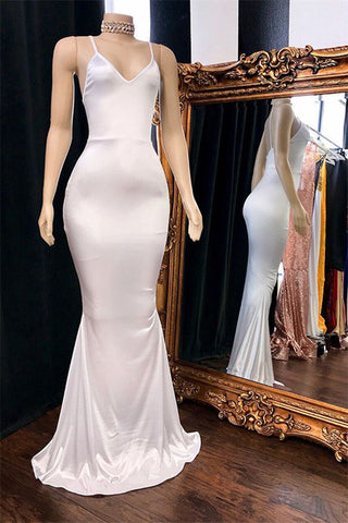 Vestido de fiesta largo de sirena llamativo con escote en V y espalda descubierta