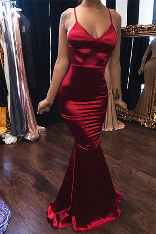 Vestido de fiesta largo de sirena llamativo con escote en V y espalda descubierta