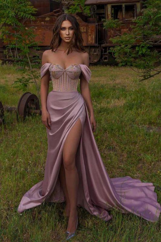 Eye-catching Off The Shoulder Satin Dusty Pink Split Mermaid Evening Dresses by misshow.com