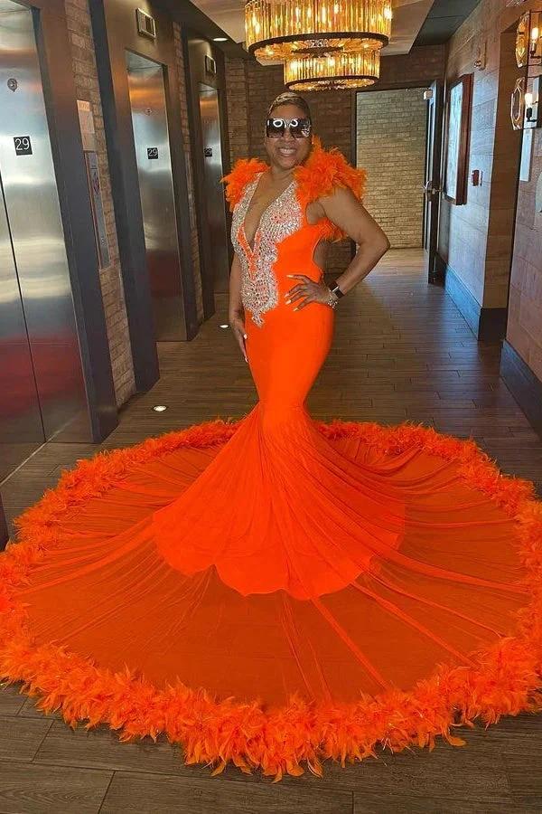 Eye-cathing Sleeveless V-neck Mermaid Prom Dress With Feather by misshow.com