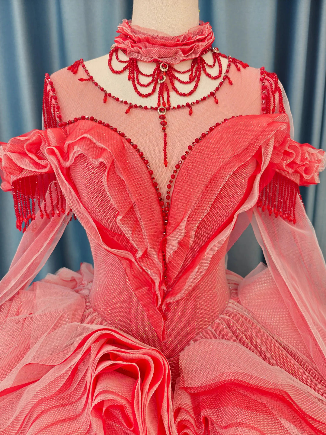 Vibrant Coral Red Off-the-Shoulder Ball Gown Wedding Dress with 3D Rose Appliqués &amp; Beaded Tassels Ye-2036 by ZAPDRESS