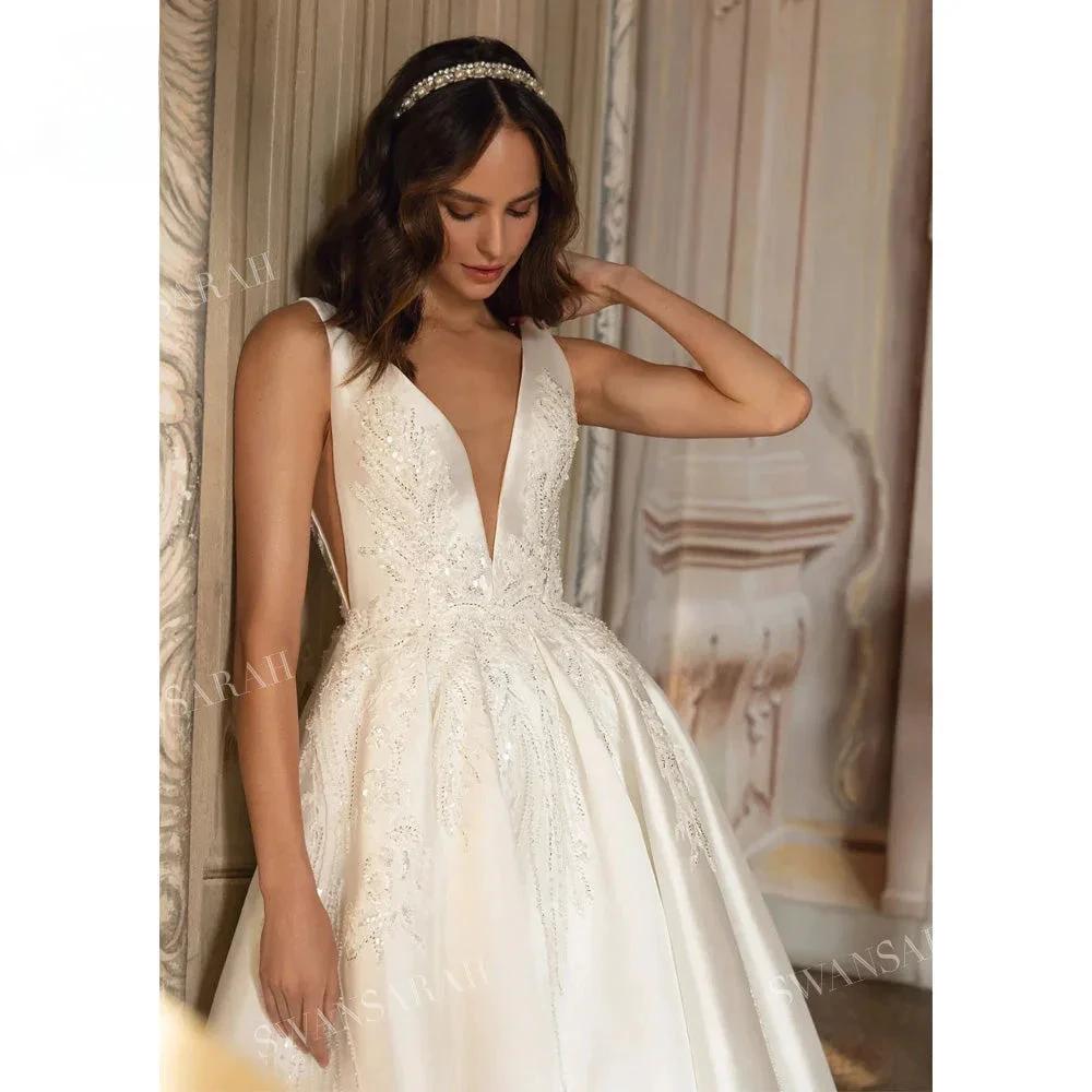 V-neck Sleeveless Wedding Dress 2024 Beading Open Back Court Train Princess Bride Gown SwanSarah P277 Plus Size Vestido De Novia by payinti