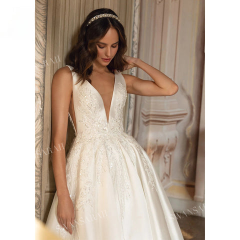 V-neck Sleeveless Wedding Dress 2024 Beading Open Back Court Train Princess Bride Gown SwanSarah P277 Plus Size Vestido De Novia