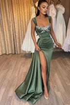 Glamorous Long Green Sleeveless Sexy Lace Satin Prom Dress with Slit by misshow.com
