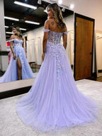 Meadow |A Line Off the Shoulder Lace Tulle Prom Dress With Slit by KissProm