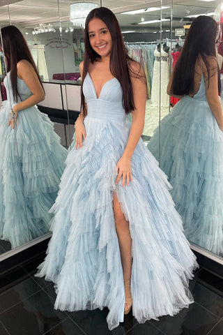 Alianna | Vestido de fiesta de tul escalonado con tirantes finos y corte A 