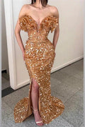 Long V Neck Pleated Sequins Mermaid Prom Dress With Slit by BIZTUNNEL