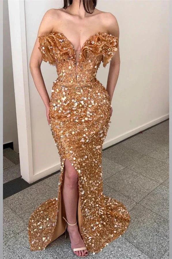 Long V Neck Pleated Sequins Mermaid Prom Dress With Slit by BIZTUNNEL