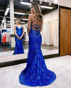 V Neck Spaghetti Straps Backless Royal Blue Sequin Long Prom Dress by BIZTUNNEL