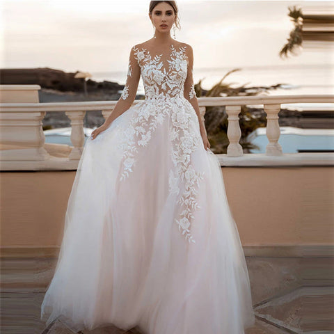 Sheer Sleeves Illusion Lace Wedding Dresses Applique Beach Bridal Gown Sexy Robe De Mariee Bride Dress For Women Bohemian 2022