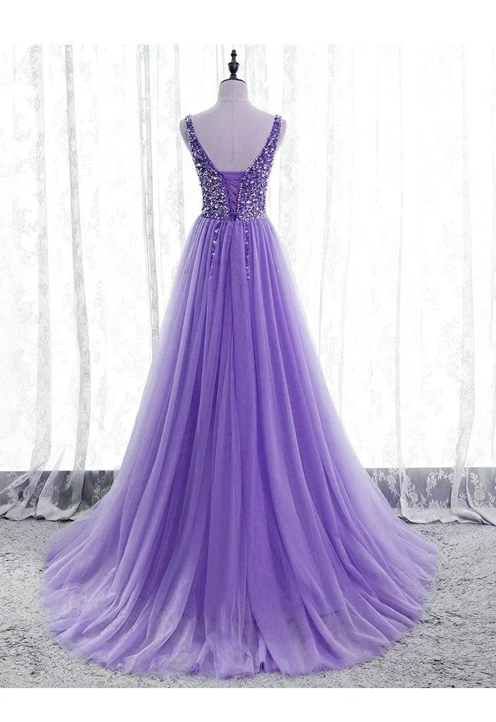 Purple Beaded V-neckline Tulle Sparkle Party Dress Evening Dress Purple Tulle Prom Dress Y1008 by simplepromdress