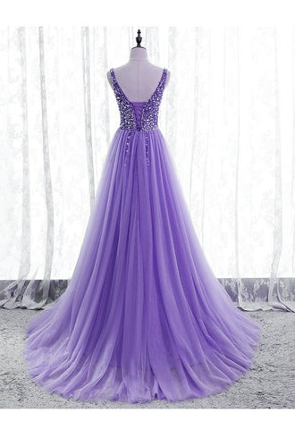 Purple Beaded V-neckline Tulle Sparkle Party Dress Evening Dress Purple Tulle Prom Dress Y1008