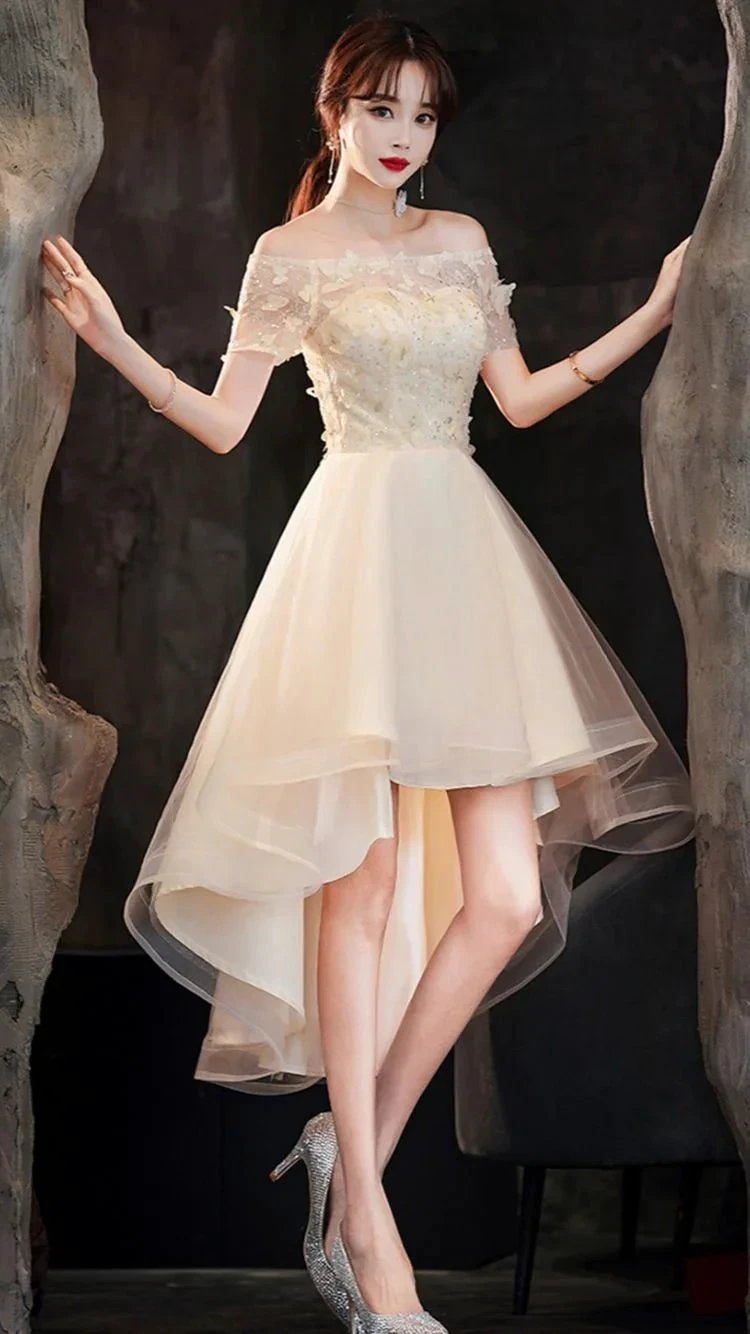 Champagne tulle high low prom dress champagne evening dress Y983 by simplepromdress