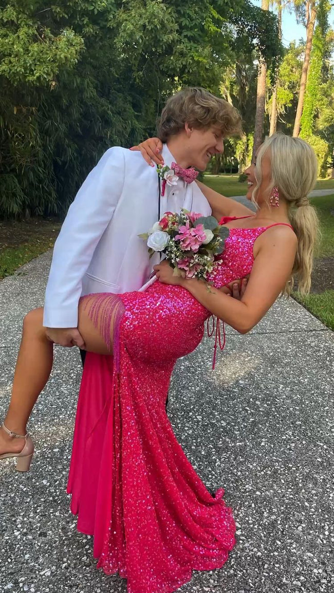 Spaghetti Straps Long Prom Dress With Lace-up Back Sequins Evening Dress Y35 Hover Image