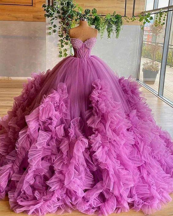 Sweetheart Purple Beading Bodice Tulle Ruffle Pleated Ball Gown Y86 by simplepromdress