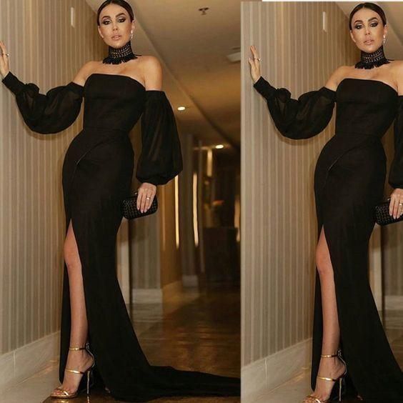 Black Evening Dress, Long Sleeve Prom Dress, Mermaid Evening Dress Y92 Hover Image