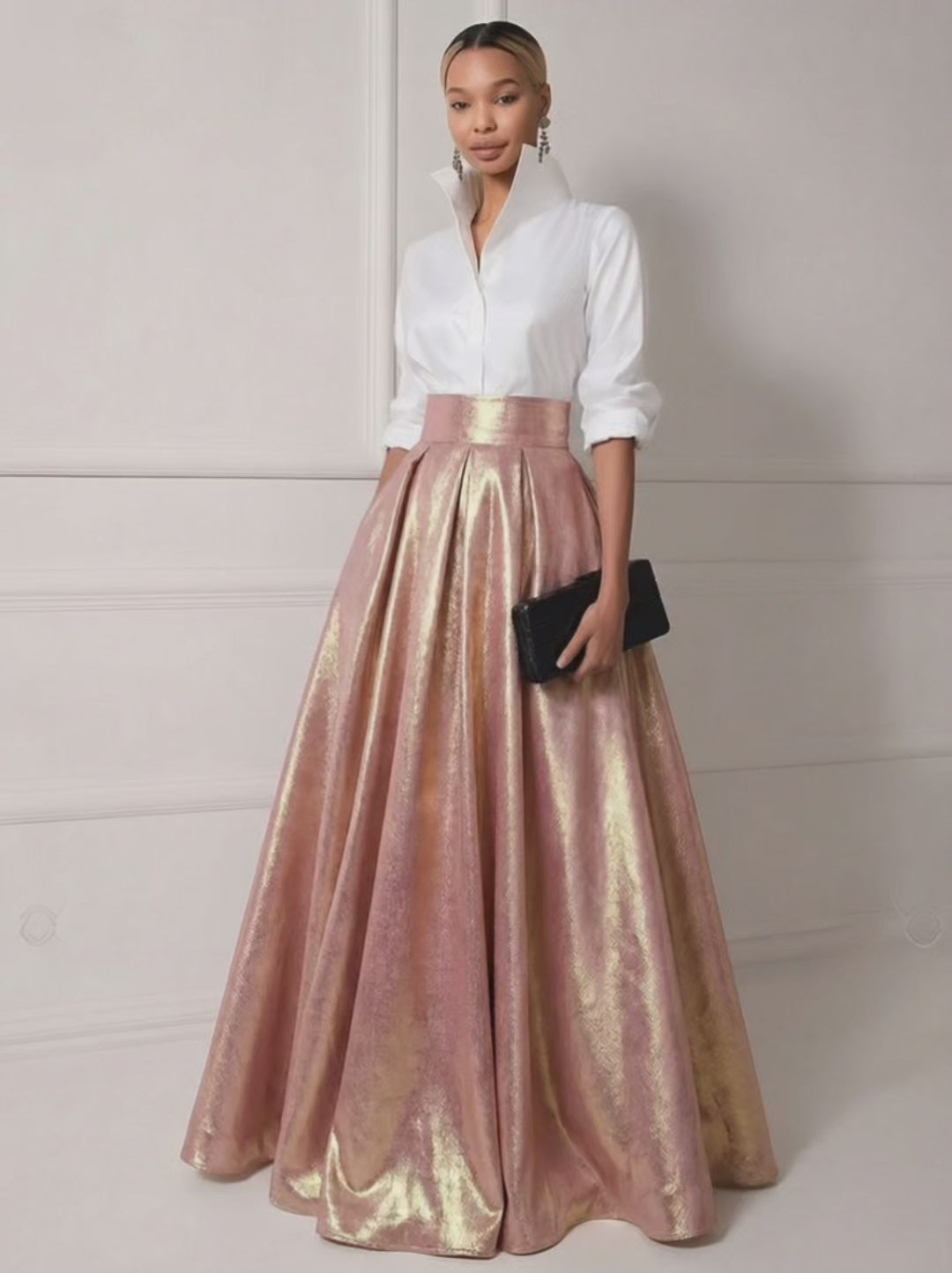 A Line Shirt Collar Half Sleeve Long Elegant Mother of the Bride Dresses with Pleats (SHI22500203)