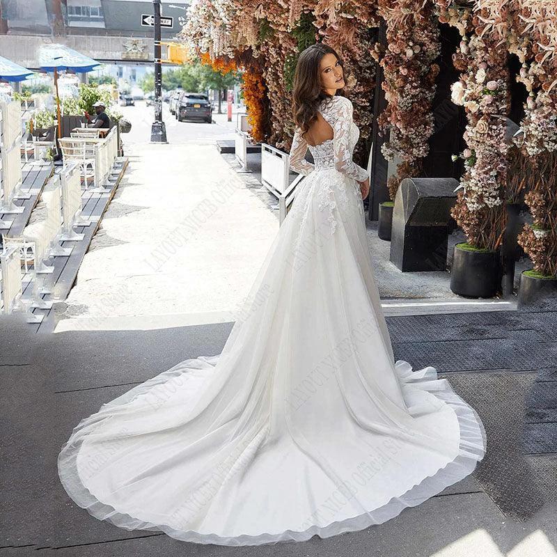 Wedding Dress A Line Removable Long Sleeve Bride Elegant Open Back Lace Bridal Gown Applique Tulle Vestido De Noiva by payinti