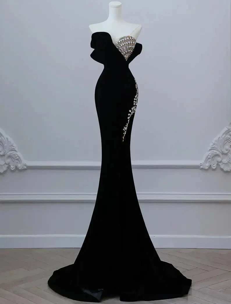 Black Luxurious Velvet Beaded Evening Dress Long Prom Dress Y7675 by simplepromdress