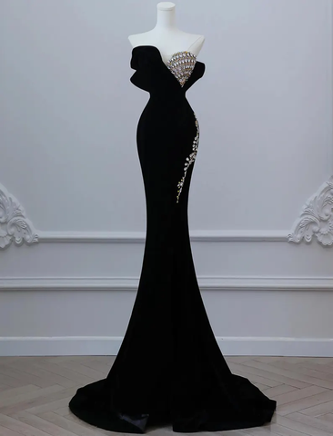 Vestido de noche largo de terciopelo negro con cuentas, vestido de fiesta Y7675