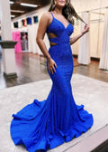 Royal Blue Beaded V Neck Cutout Mermaid Long Prom Dresses by KissProm
