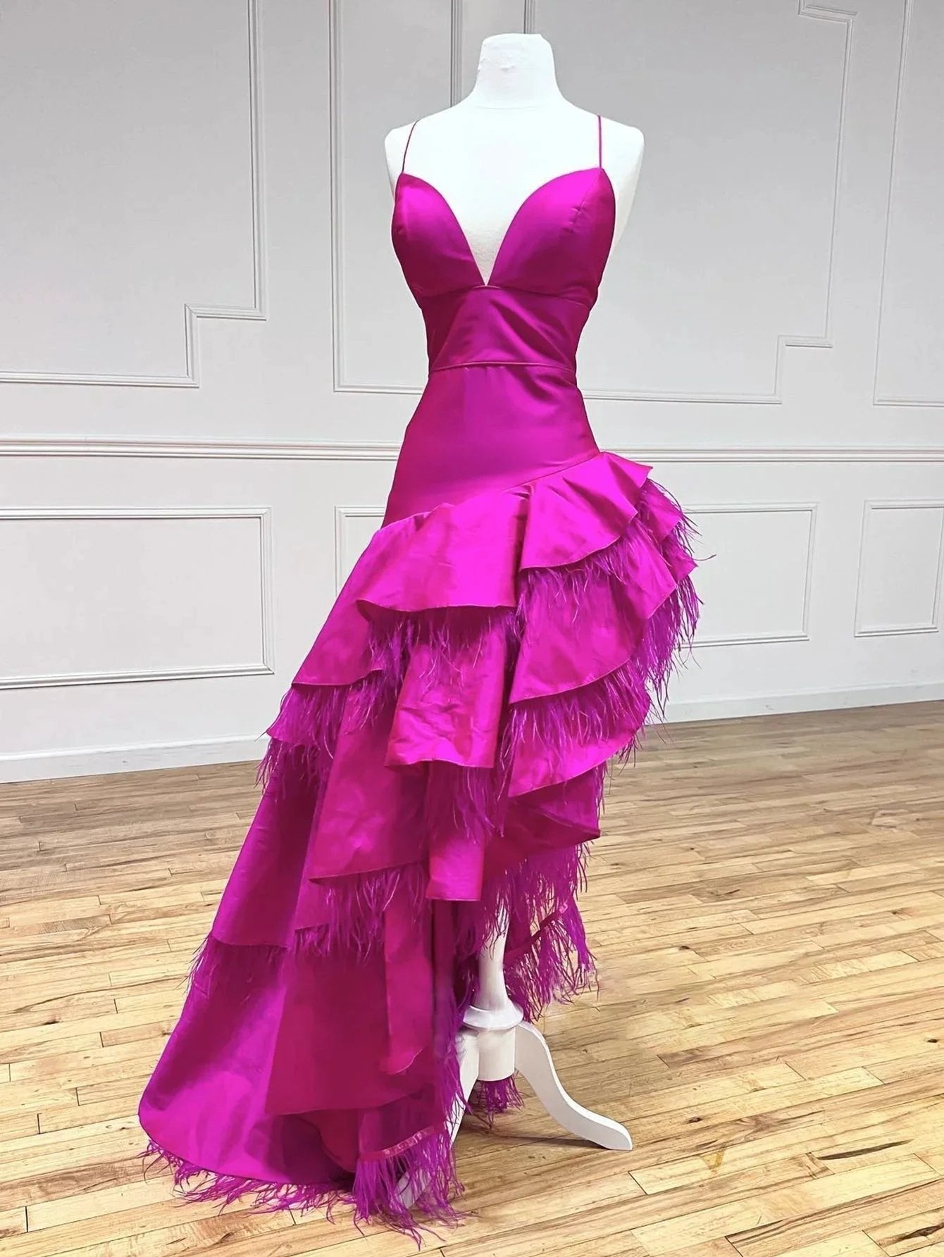 Fuchsia A Line V Neck Irregular Long Prom Dress by KissProm