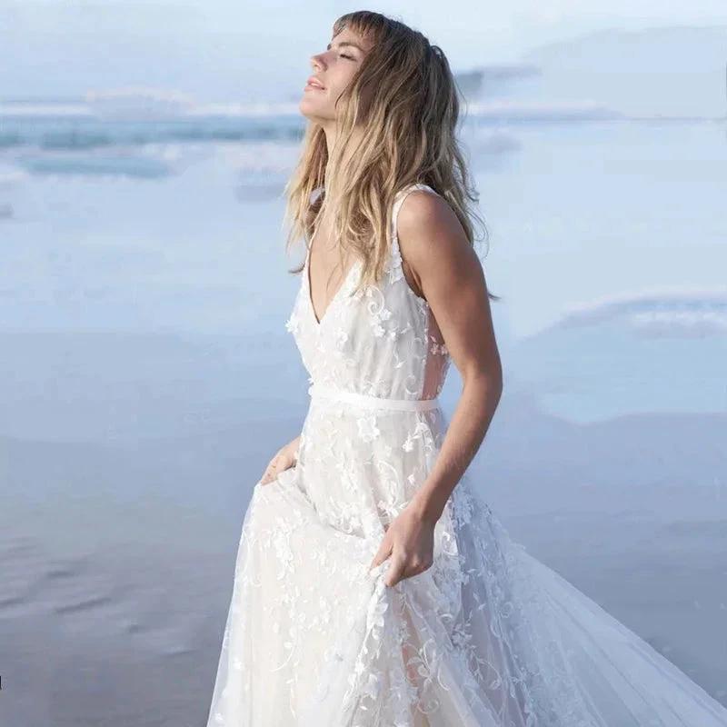 Illusion Tulle Beach Wedding Dress Charming Backless Appliques Bridal Gowns Deep V-Neck Spaghetti Straps vestido de noiva by payinti