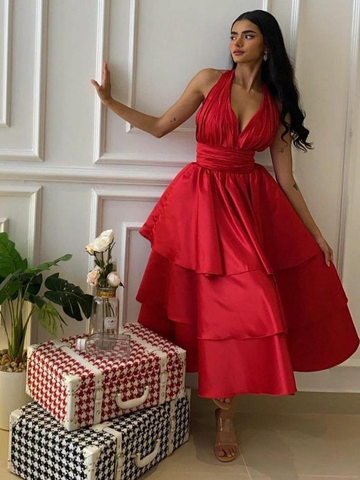 Vestido de noche con escote halter en V y corte en A, de satén escalonado, Y7660