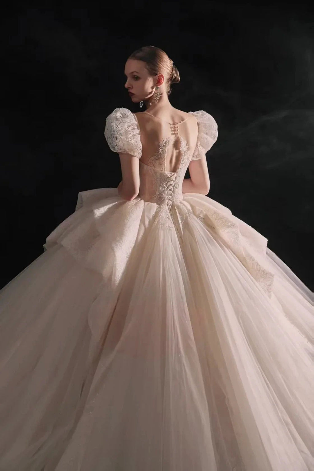 Elegant Sweetheart Ball Gown Lace Puff Sleeve Beaded Embroidery Wedding Dress with Flowing Train E-302 by ZAPDRESS