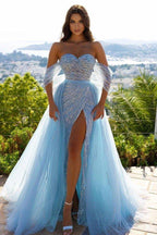 Split Front Sky Blue Off-the-Shoulder Tulle Prom Dress with Sequin Embellishments by BIZTUNNEL